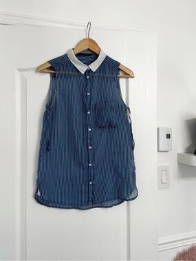 ZARA | Blue Striped Sleeveless Button-Up Top with White Collar
